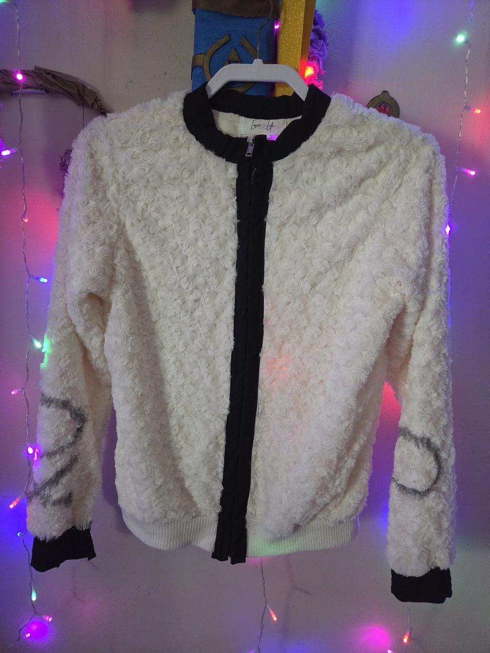 Faux Fur Cream Bomber Jacket with Black Trim
